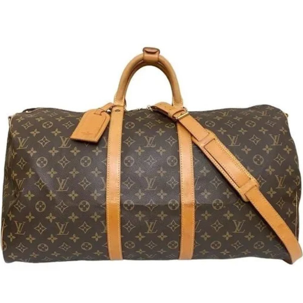 Vintage Louis Vuitton Keepall 55 Monogram Logo Duffel Boston Bag Brown Tan Brass